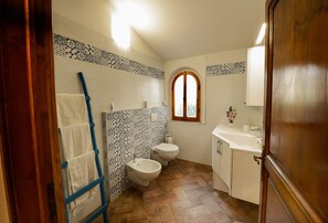 Regadera, secadora de cabello, bidet, toallas