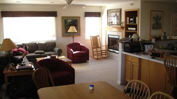 Télévision, cheminée, lecteur de DVD, chaßne hi-fi