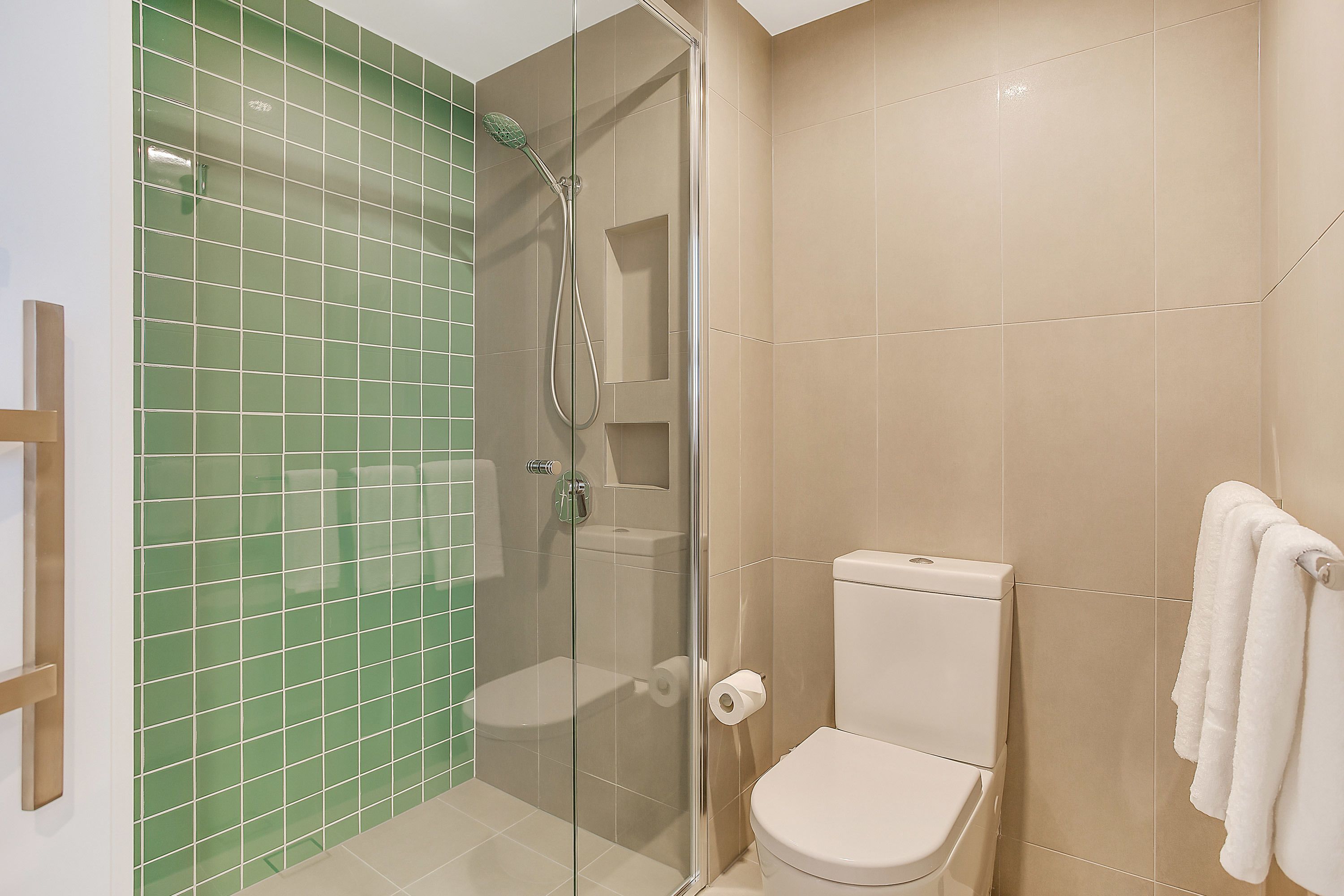 A bathroom with a glass-enclosed shower, a toilet, and a towel rack.