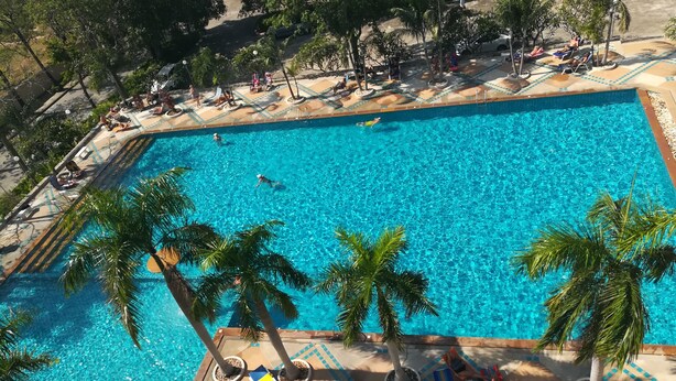 Ein großer, rechteckiger Swimmingpool mit klarem, blauem Wasser, umgeben von Palmen und Liegestühlen.