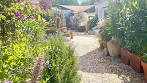 A garden with various plants and a shaded area.