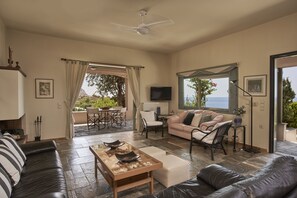 Smart-tv, een open haard, een dvd-speler en boeken