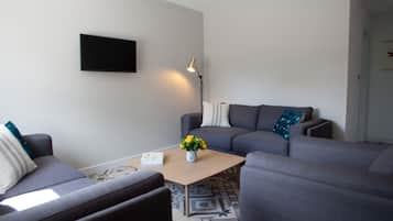 Een smart-tv, boeken en een computerscherm