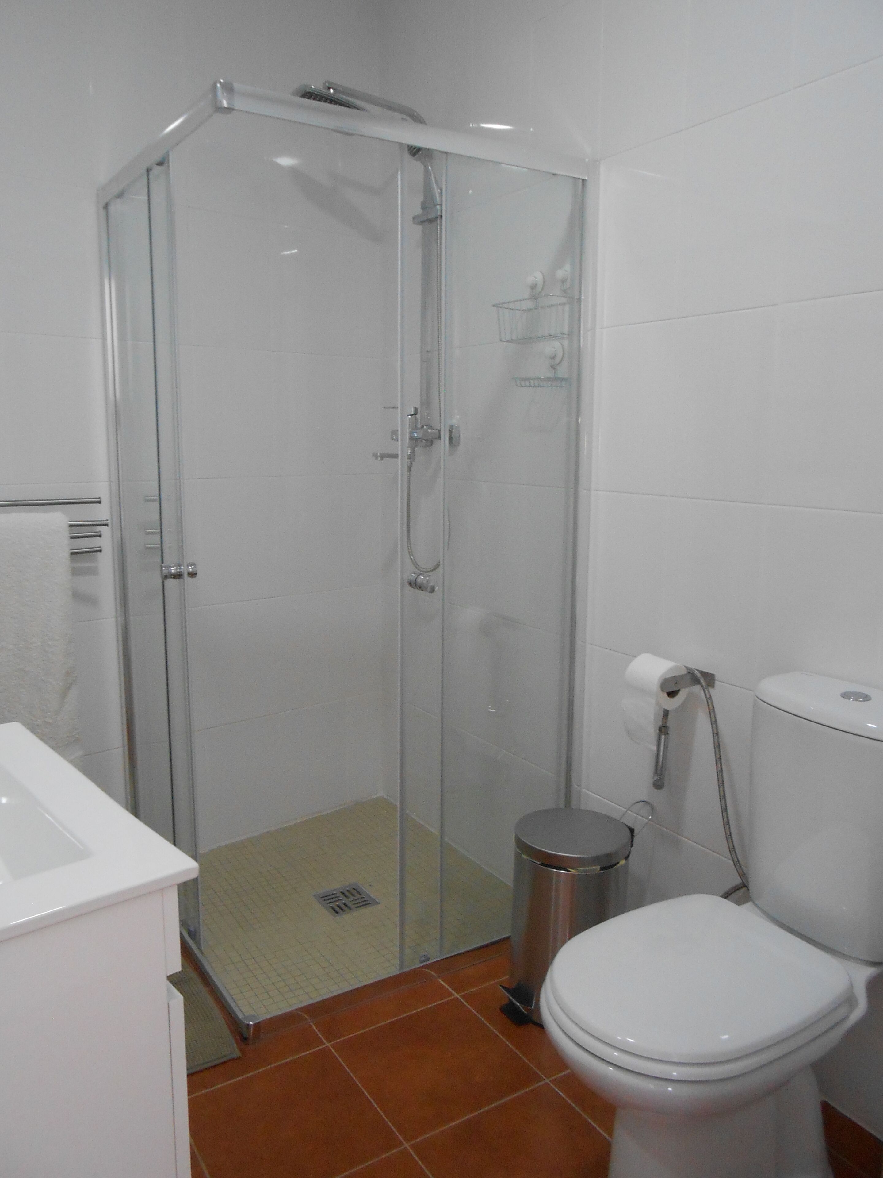 A bathroom with a glass-enclosed shower, a toilet, and a sink.