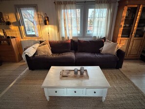 TV connectée, cheminée, livres, chaîne hi-fi