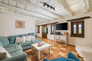 Älytelevisio, takka, DVD-soitin, pöytätennispöytä