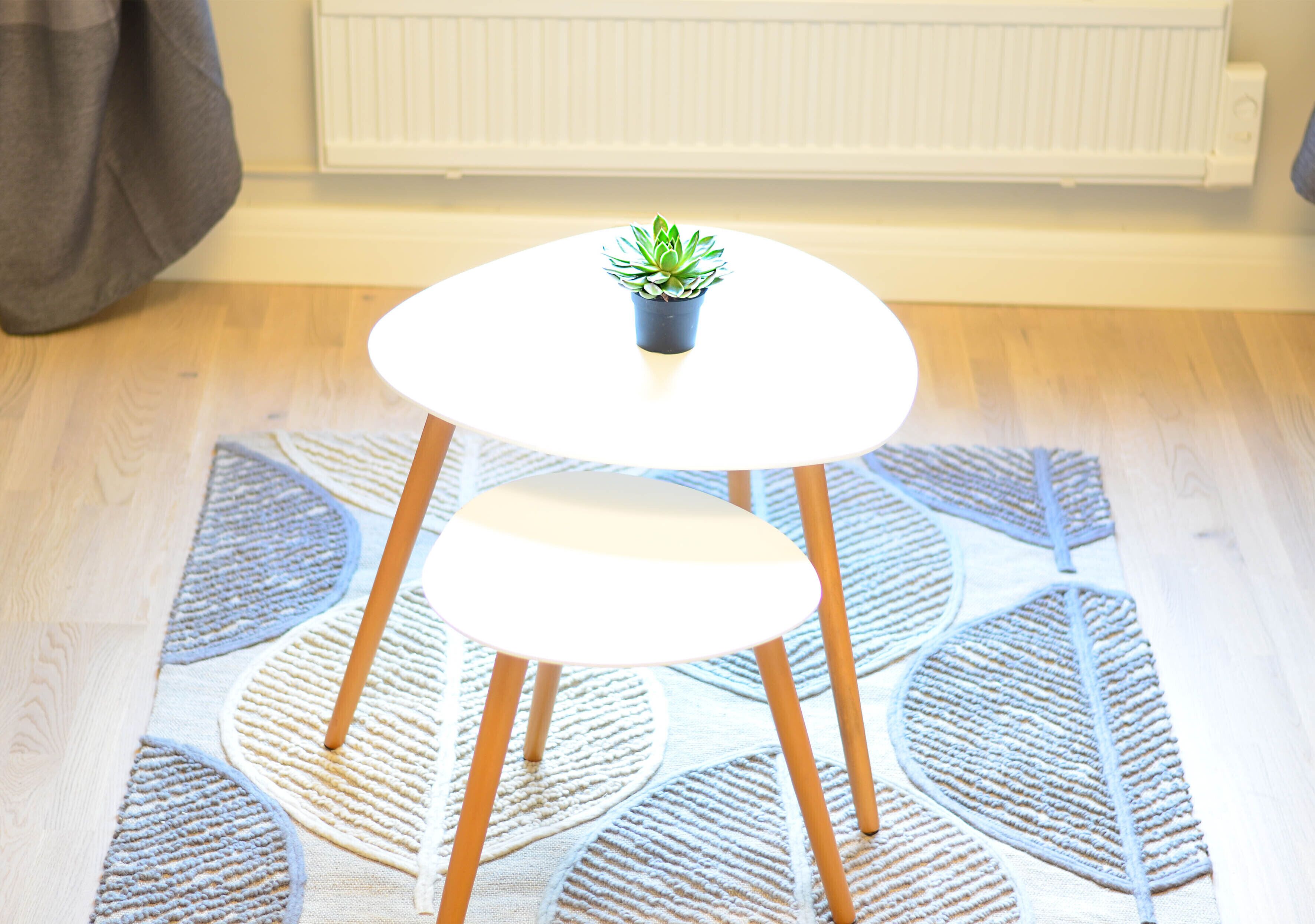 Een witte tafeltje met een plant in pot erop, geplaatst op een vloerkleed met bladmotieven.