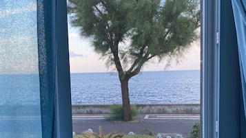 A view from a room with a large window overlooking a grassy area with a table set for two, a tree, and a body of water.