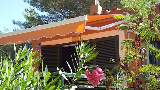 Um edifício com telhado inclinado, entrada coberta e janela com persianas.