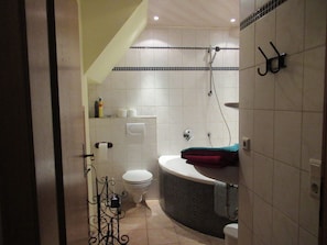 Baignoire, séchoir à cheveux, serviettes fournies, savon