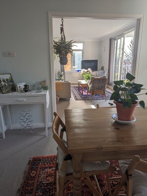 Un coin repas avec une table en bois, des chaises, une plante en pot et un téléviseur en arrière-plan.