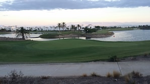A golf course with a water hazard, palm trees, and a view of a residential area in the background.