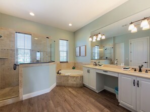Combined shower/tub, hair dryer, towels