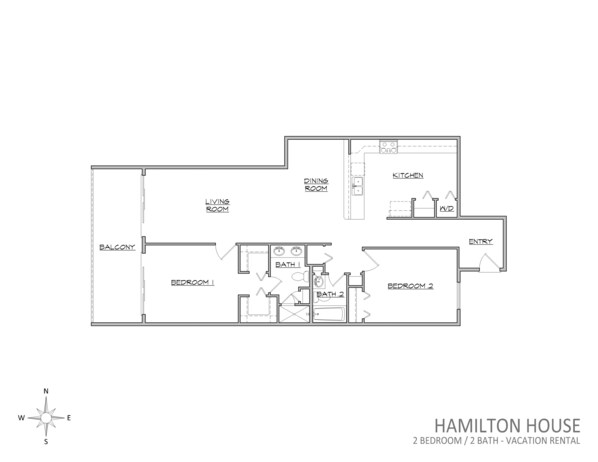 Plano de planta de un alquiler vacacional de 2 habitaciones y 2 baños, con balcón, sala de estar, comedor, cocina, entrada y dos baños.