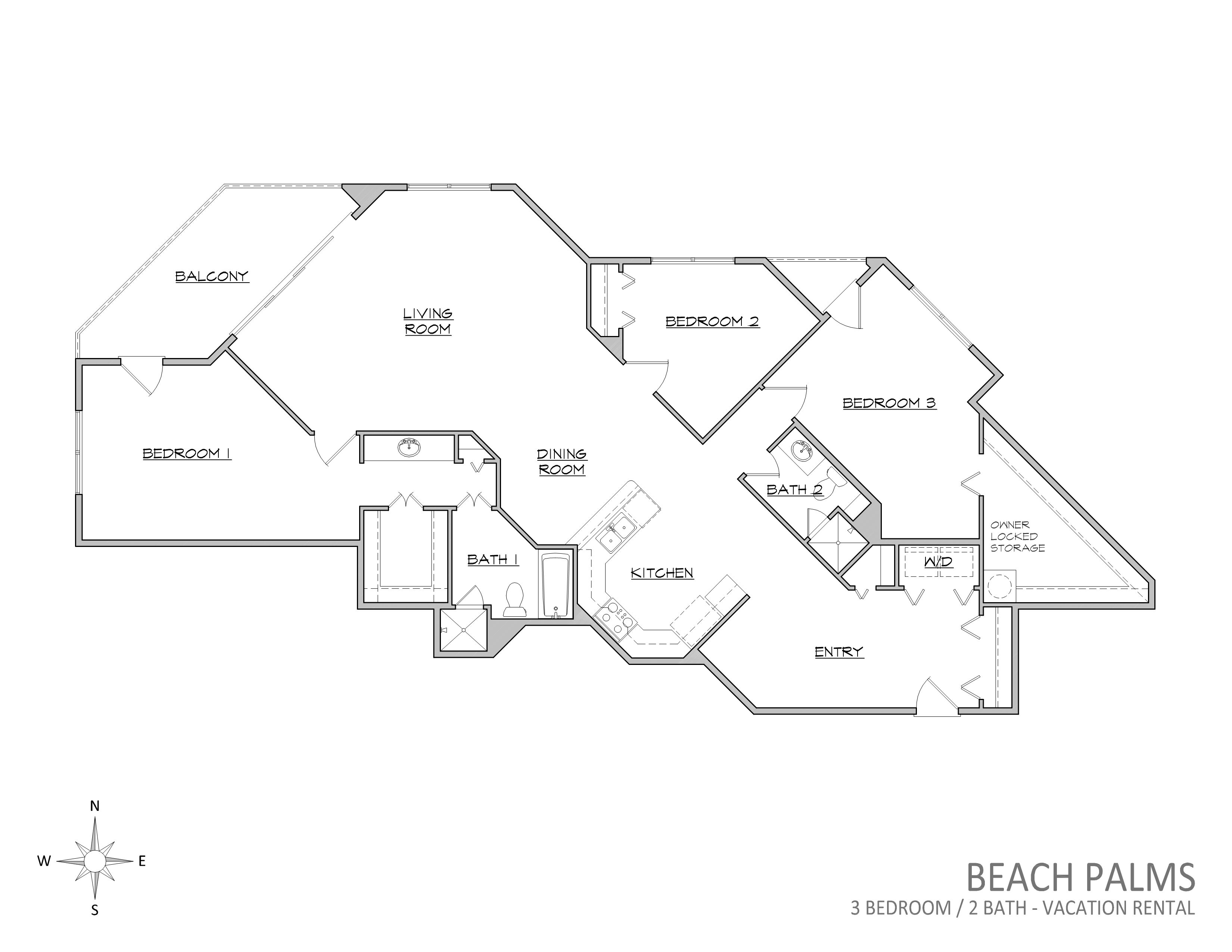 Plano de planta de un alquiler vacacional de 3 habitaciones y 2 baños llamado Beach Palms, con balcón, sala de estar, tres dormitorios, dos baños, cocina y un área de almacenamiento.