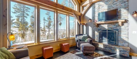 Fernseher, Kamin, DVD-Player, Bücher