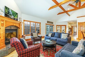 Flat-screen TV, fireplace, DVD player, table football