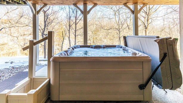 Un jacuzzi bajo una pérgola de madera con vistas a árboles sin hojas.