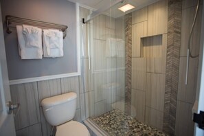 Shower, hair dryer, towels, shampoo