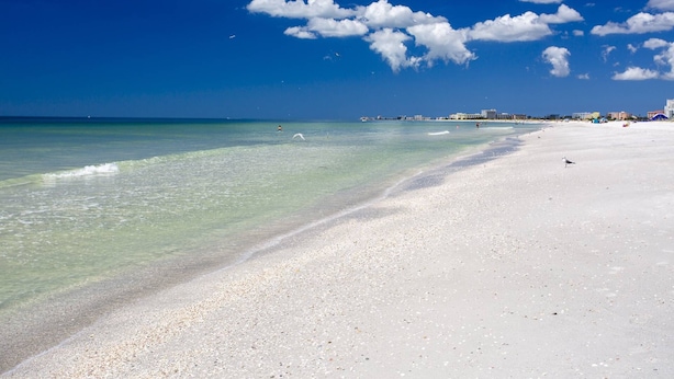 A beach with clear water, a sandy shore, and a distant cityscape.