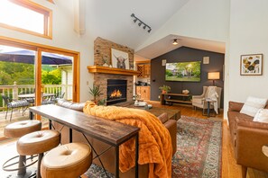 Smart TV, fireplace, DVD player, books