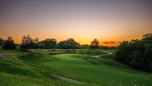 A golf course with a winding path and lush greenery.