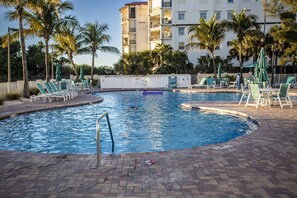 Une piscine entourée de palmiers, avec des chaises longues et des parasols, et un immeuble à plusieurs étages en arrière-plan.
