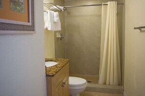 Combined shower/tub, hair dryer, towels, shampoo