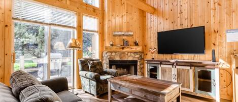 Télévision, cheminée, lecteur de DVD, livres