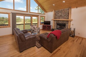 Flatskjerm-TV, peis, videospill og DVD-spiller