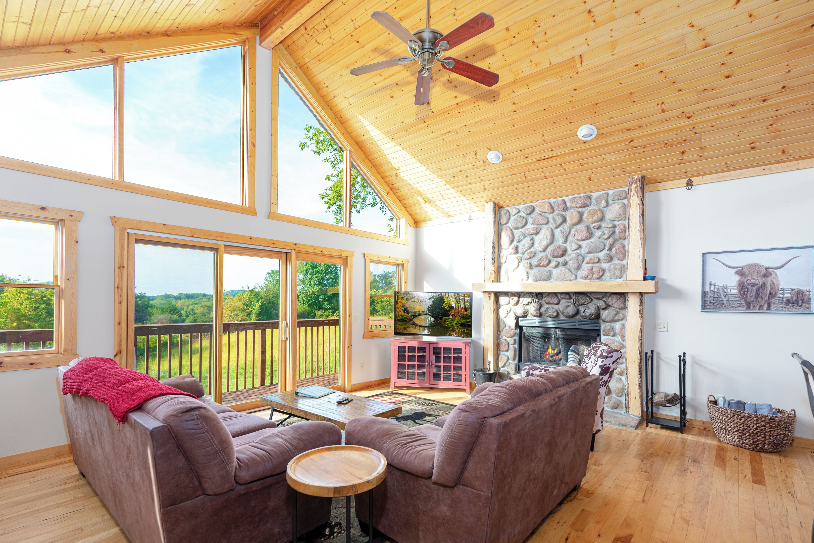 Flat-screen TV, fireplace, video games, DVD player