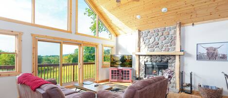 Flat-screen TV, fireplace, video games, DVD player