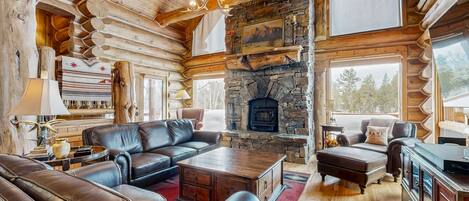 Télévision, cheminée, lecteur de DVD, vidéothèque