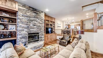 Een televisie, een open haard, een dvd-speler en boeken