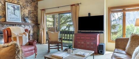 Téléviseur, foyer, lecteur de DVD, livres