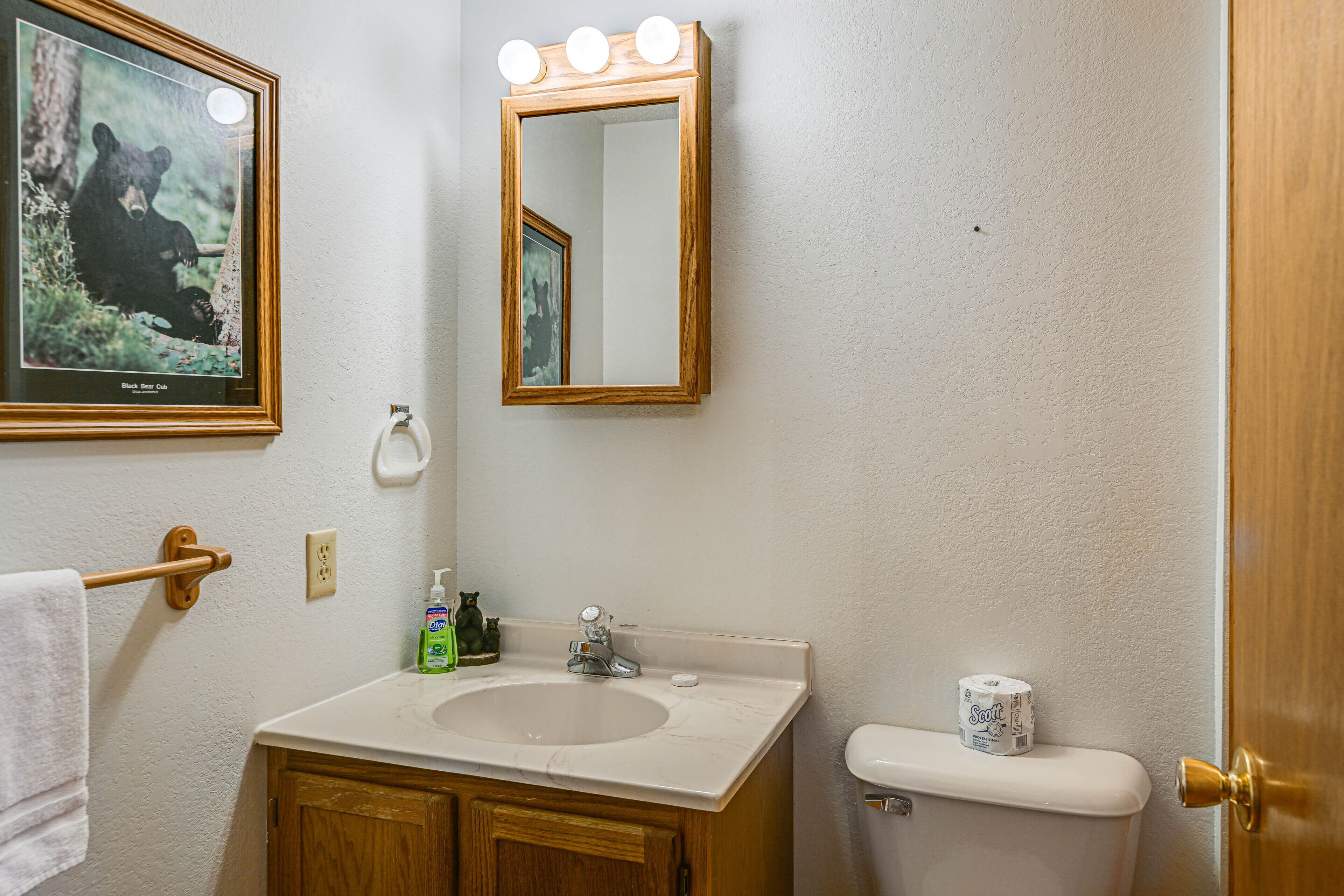 A bathroom with a sink, mirror, and toilet.
