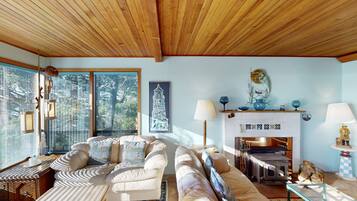 Fernseher, Kamin, DVD-Player, BĂŒcher