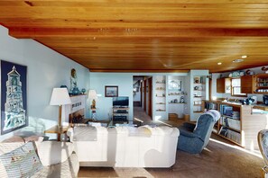 TV, fireplace, DVD player, books