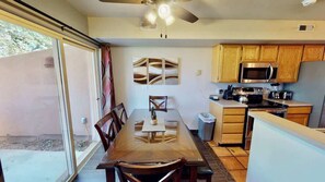 Coffee/tea maker, fridge, microwave, oven