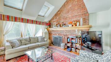 Een televisie, een open haard, een dvd-speler en boeken