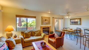 TV, fireplace, DVD player, video library