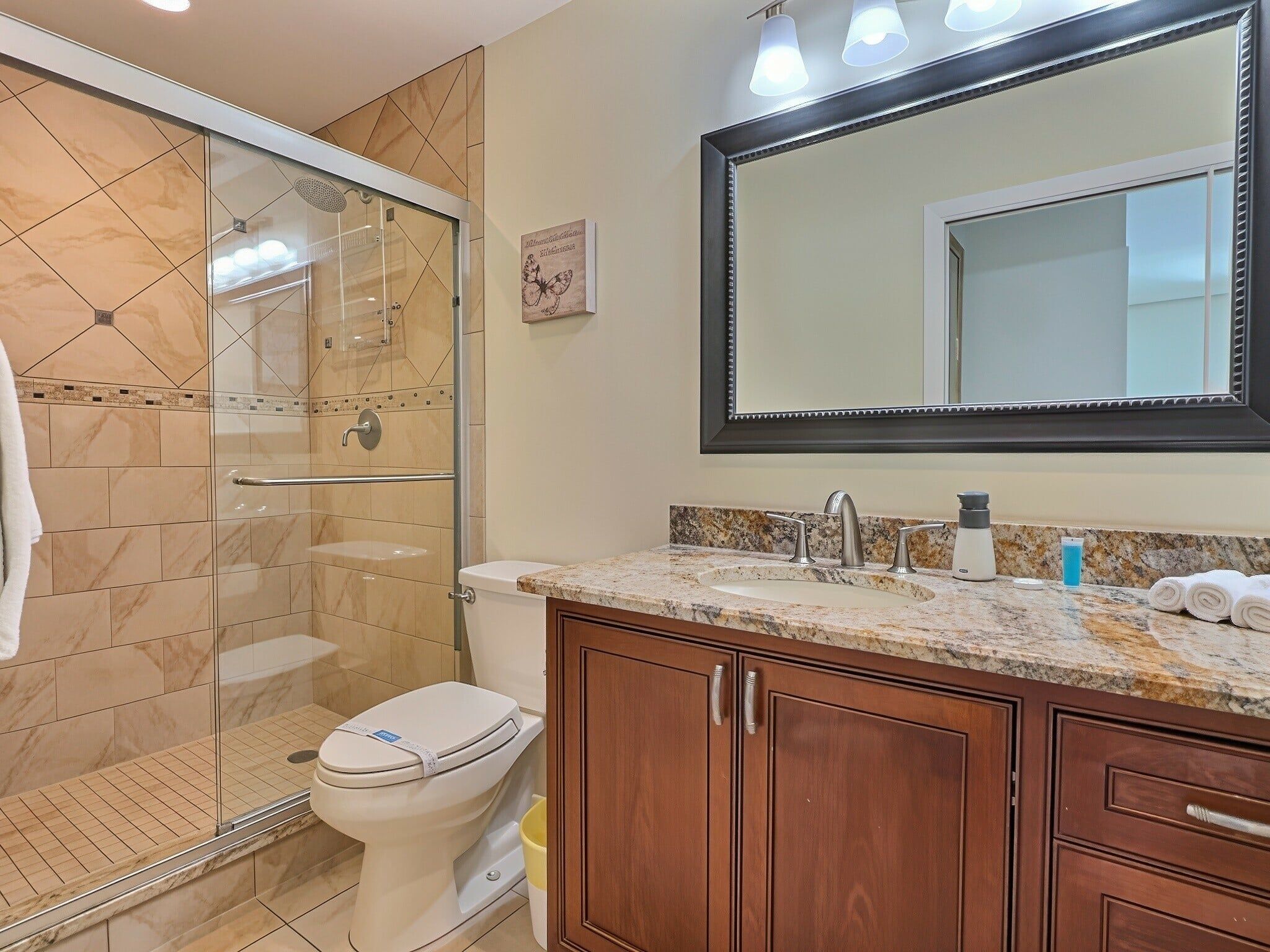 A bathroom with a glass shower enclosure, a toilet, a sink with a granite countertop, and wooden cabinets.