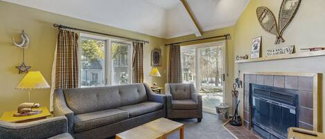 TV, fireplace, DVD player, books