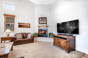 Fernseher, Kamin, DVD-Player, Videothek