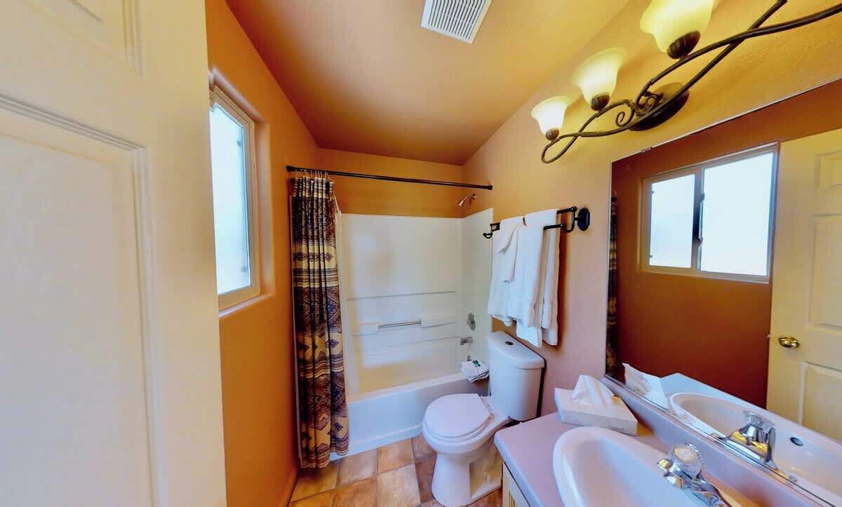 Shower, hair dryer, shampoo