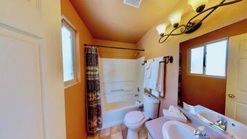 Shower, hair dryer, shampoo