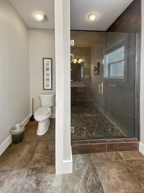 Un bagno moderno con box doccia in vetro, un water e una foto incorniciata appesa al muro.