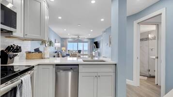 A modern kitchen with white cabinets, a dishwasher, and a built-in oven.