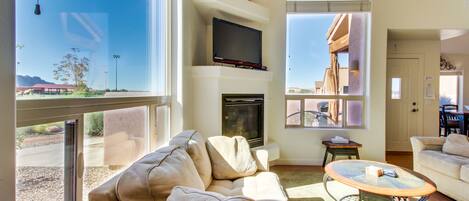 TV, fireplace, DVD player, video library