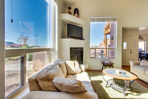 TV, fireplace, DVD player, video library